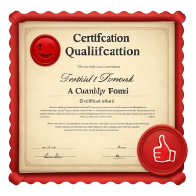 A simple emoji of a certificate document with a seal and a thumbs-up symbol, representing qualification or certification sticker
