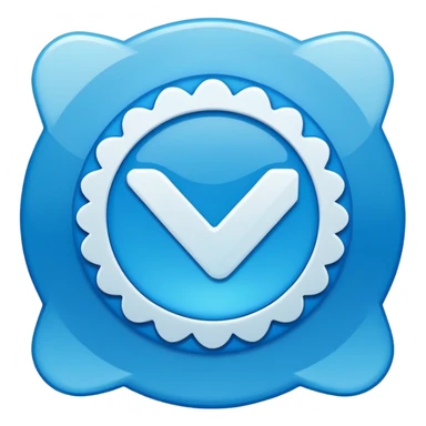 Glossy blue verification badge with scalloped edges, white check mark in middle, subtle radial light gradient, soft shine effect, emoji icon style, clean vector design, transparent background sticker