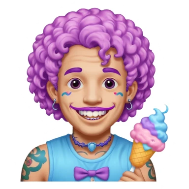 very cheerful colorful puffy violet curly haired man made out of cotton candy wearing teeth-braces and tattoos and face tattoos just face  sticker