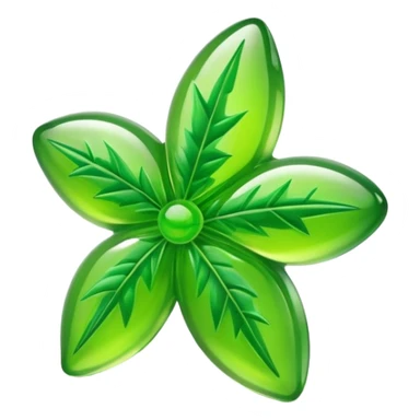 generate an emoji-style image of a juicy gummy shaped like a marijuana flower sticker