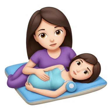  a brunette girl lying down on her side, holding a warm heating pad against her lower belly, she’s having bellyache sticker