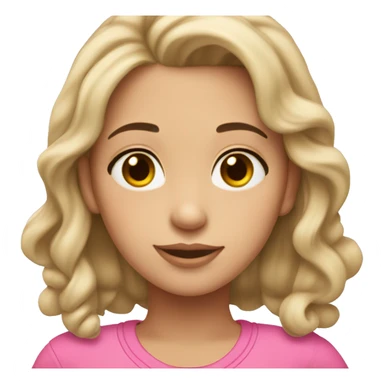 A slightly brunette girl with pretty features wearing a pink hair tie and medium length dark brown hair with blonde ends wearing a pink outfit sticker