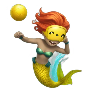 Underwater man redhead mermaid swimming with fins, snorkel equipement, holding a small yellow ball, looking strong and fighting sticker