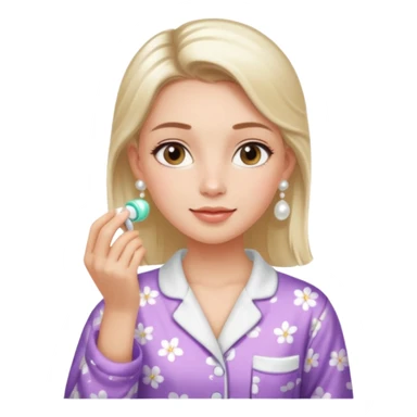 Clean girl aesthetic emoticons, apply skincare products, pearl earrings, glowing skin, pajamas, soft lighting sticker
