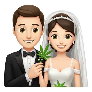 Bride in white dress and groom in tuxedo sharing a cannabis joint, cheerful cartoon wedding couple sticker