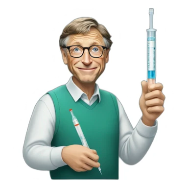 Bill Gates holding a syringe sticker