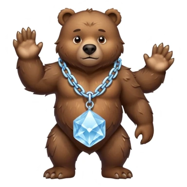Fierce brown bear walking on four paws with an ice chain necklace, frozen chain links made of crystal clear ice, serious face sticker