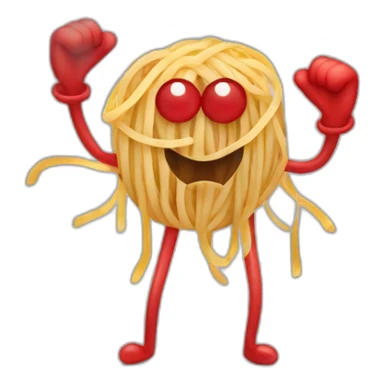 Spaghetti and meatballs with a face, arms and legs, doing something random sticker