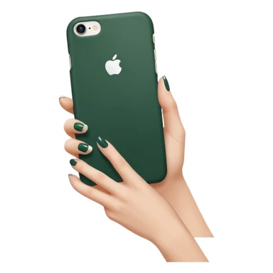 female hand with nude manicure (5 fingers) holding a white iPhone in a dark green case, minimalism, side view sticker