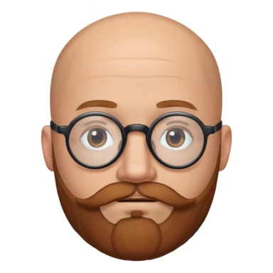 emoji 32-year-old white man, bald with a chestnut beard and mustache, small head with round black glasses. sticker