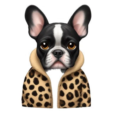 All black French bulldog wearing a cheetah coat sticker