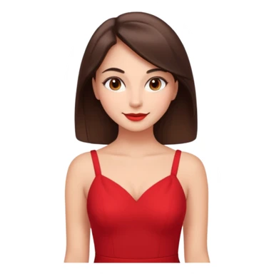 Cartoon emoji of a young brunette woman with fair-medium skin, brown eyes, wearing a red outfit. Full-height, standing confidently in a red dress  posing sexy with a smile and relaxed posture. Smooth, friendly, stylized, make up on, flirty eyes and smile in a sexy position  sticker