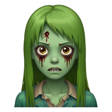 Zumbi feminino, de pele verde, cabelo marrom, longo, liso e castanho com franja reta sticker