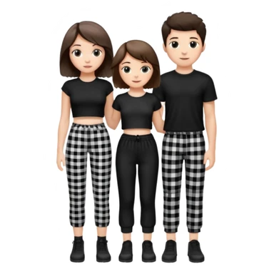 white girl with short brunette hair and eyelashes a little long with a black crop top and black and white plaque pants on top of a white boy with brunnete fluffy hair and long black shirt on and black and white plaque pants. sticker