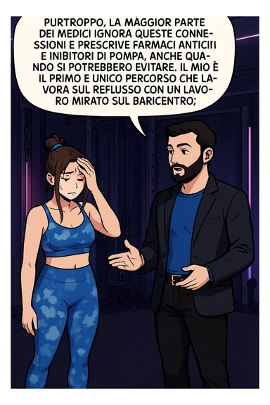 TRASFORMA QUESTO CAROSELLO IN UN FUMETTO STILE WEBTOON/MANGA A COLORI CON QUESTE DUE PERSONE IDENTICHE CHE INTERLOQUISCONO TRA LORO, L'uomo sta spiegando alla donna questo concetto MENTRE LA DONNA SI TIENE la mano sulla fronte sconcertata:

LUI (UOMO): Purtroppo, la maggior parte dei medici ignora queste connessioni e prescrive farmaci antiacidi e inibitori di pompa, anche quando si potrebbero evitare.
Il mio è il primo e unico percorso che lavora sul reflusso con un lavoro mirato sul baricentro; sticker