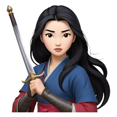 Cinematic Realistic Mulan Portrait, depicted with lifelike skin texture, soft natural lighting, and intricately detailed long black hair styled elegantly. Her deep, expressive eyes exude determination and grace, complemented by a serene yet confident expression. She stands with one hand resting on the hilt of her sword, the other by her side, exuding strength and poise. She is dressed in her classic attire, with rich fabric textures and delicate folds that catch the light beautifully. The portrait features a soft, enchanting glow with a natural, radiant finish, capturing the essence of timeless strength and beauty in a realistic and painterly style, evoking a sense of depth and authenticity. sticker