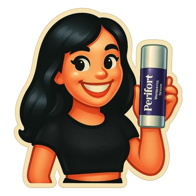 Create an emoji style image of a fair-skinned girl with beautiful black hair, wearing a black crop top, showing a big white smile, holding the exact whitening serum bottle as shown in the reference photo. Render this in the Genmoji emoji style with a transparent background. sticker
