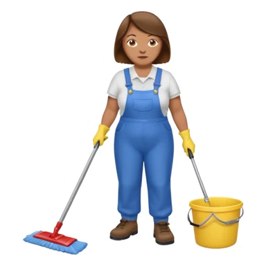 old and fat women, brown hair, Custodian with yellow rubber gloves, white T-shirt, blue overalls, mopping floor sticker