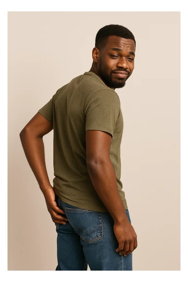 black African male, casual pose, scratching his backside, neutral background, respectful and lighthearted, no explicit content sticker