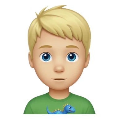 A blond boy with blue eyes wearing a green dinosaur T-shirt sticker