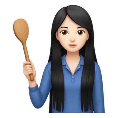 A white woman with long, straight black hair, holding a wooden paddle hairbrush in her left hand and spraying a hair mist bottle with her right hand toward her hair. sticker