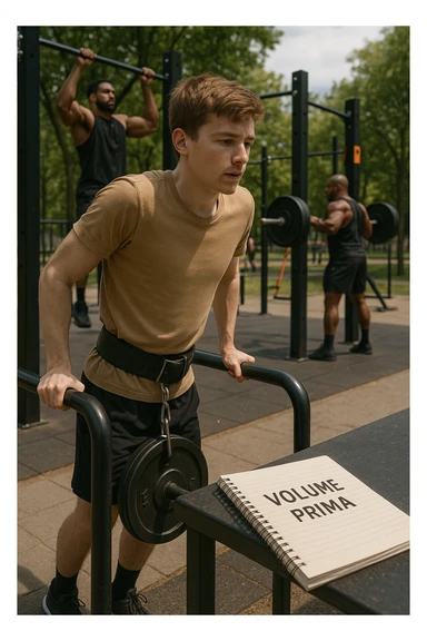 Atleta neofita giovane in un parco attrezzato per streetlifting, fisico ancora in fase iniziale. È intento a eseguire molte ripetizioni di esercizi a corpo libero con pesi leggeri (zavorra moderata), come trazioni e dip su parallele. Accanto a lui un taccuino di allenamento con la scritta 'Volume Prima'. L’atmosfera è luminosa e motivante, con altri atleti più muscolosi che sollevano carichi pesanti, ma lui è concentrato sul gesto tecnico e sulla costanza. Stile realistico, colori naturali, messaggio educativo su priorità all’adattamento progressivo e al volume. sticker