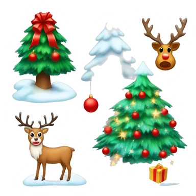 snowy christmas tree with red balls and lights with a star on top and presents underneath and a reindeer with santa claus next to it sticker