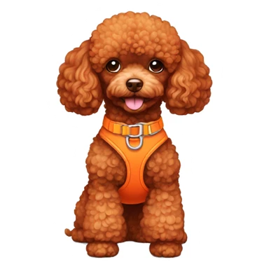 red toy poodle with an orange harness sticker