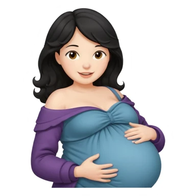 pregnant woman with wavy black hair happily touching her big belly while wearing warm clothes and a thin coat slightly drop of her shoulder sticker