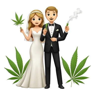 Full body view of bride in white dress and groom in tuxedo sharing a cannabis joint, cheerful cartoon wedding couple standing together sticker