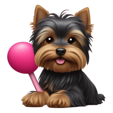 Black Yorkshire terrier playing with flamingo toy sticker
