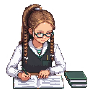 Girl with ponytail working on exam at desk with textbooks sticker
