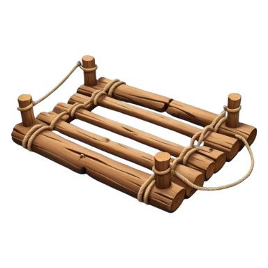 showing a simple wooden raft floating on calm blue water — made of several brown logs tied together with rope — gentle ripples around it — bright, cheerful lighting and soft shadows — minimalist, clean emoji design sticker