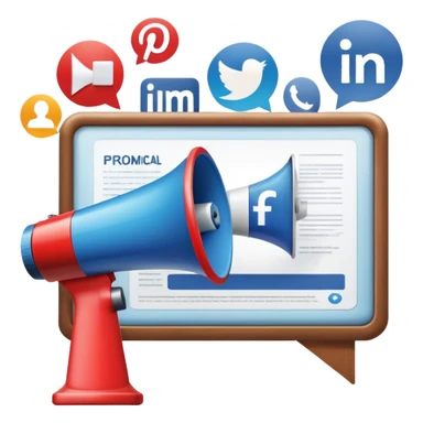 An icon featuring a megaphone, a billboard, and social media icons, symbolizing advertising and public relations. The design includes a press release and a rising graph, representing brand promotion and communication strategies. Transparent background highlights media influence and outreach. sticker