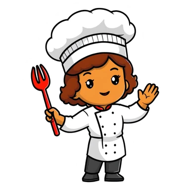 Light brown skinned mixed-race female chef with medium-length curly brown hair, wearing a chef's hat (toque), with both an angel halo and devil horns on her head sticker
