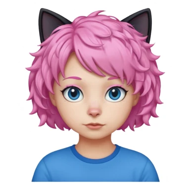 a Black cat wearing a short curly pink hair wig, blue T-shirt sticker