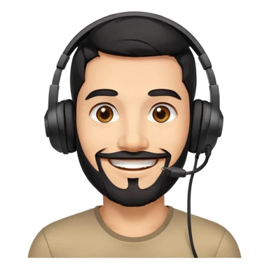 Happy smiling man with black hair, brown eyes, black beard wearing a gaming headset sticker