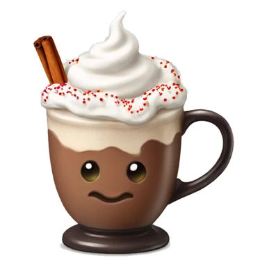 Decorated Christmas mug of hot chocolate with whipped cream and cinnamon sticker