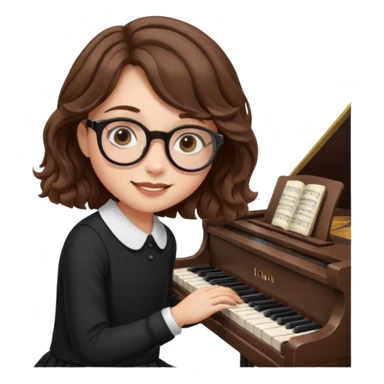 girl brown hair wavy. round glasses eye. playing piano sticker