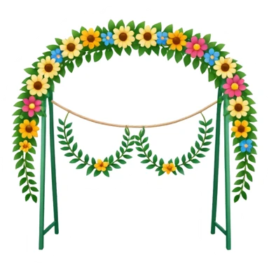 midsommarstång (Swedish maypole) decorated with green leaves and colorful flowers, standing upright with two floral wreaths hanging from the crossbar, festive and cheerful, clean modern illustration style sticker