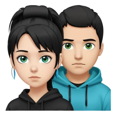 A dark-haired Latino guy with a short fringe falling forward and a black hoodie, standing next to a very pale girl with black hair, greenish-blue eyes, and a ponytail, with two strands of hair framing her face sticker