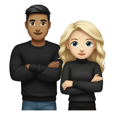 dark Blonde girl with blue eyes in black sweater and an east asian with light skin man with black hair and black eyes hugging sticker