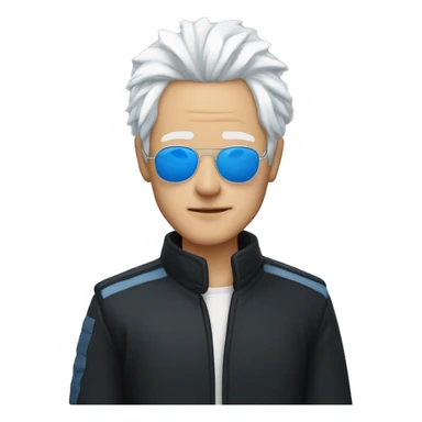 Gojo satoru, japanese man with messy white hair wearing a black high collar jacket, a pair of blue aviators, and has blue eyes sticker