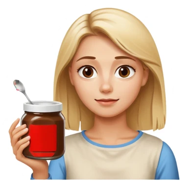 Nutella with a spoon. The glas of Nutella is almost empty . Only the one carriage of Nutella. Next to the Nutella is the head of a blond woman who is looking forward to eat the Nutella  sticker
