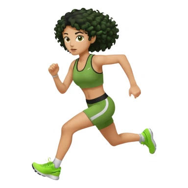a woman with olive skin tone and curly black hair wearing green and running fast sticker