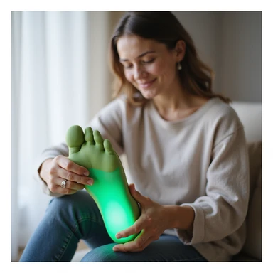 realistic style woman sitting relaxed, smiling while touching foot with orthopedic insole, foot with bright green effect indicating wellness, light background sticker