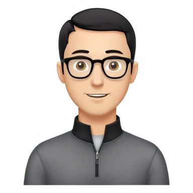 Caucasian man with black hair cut extremely short (almost buzz cut), short beard with gray streaks, large black eyeglasses, cheerful expression, black long sleeve shirt with quarter zip collar sticker