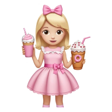 A little girl with a Dunkin' milkshake and a donut with pink frosting and marshmallows, wearing a pink coquette-style dress with bows and blonde hair. sticker