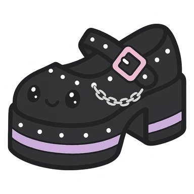 Add silver studs and chains to the primarily black kawaii gothic shoes with pink and pastel accents, no socks, no hearts, transparent background sticker