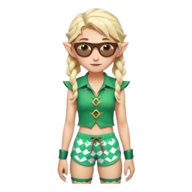 elf female legolas portrait, patterned board shorts (geometric/abstract), unique wooden-framed sunglasses, undercut hairstyle, slight smirk, visible pointy ears, no background, centered emoji, hipster summer vibe sticker